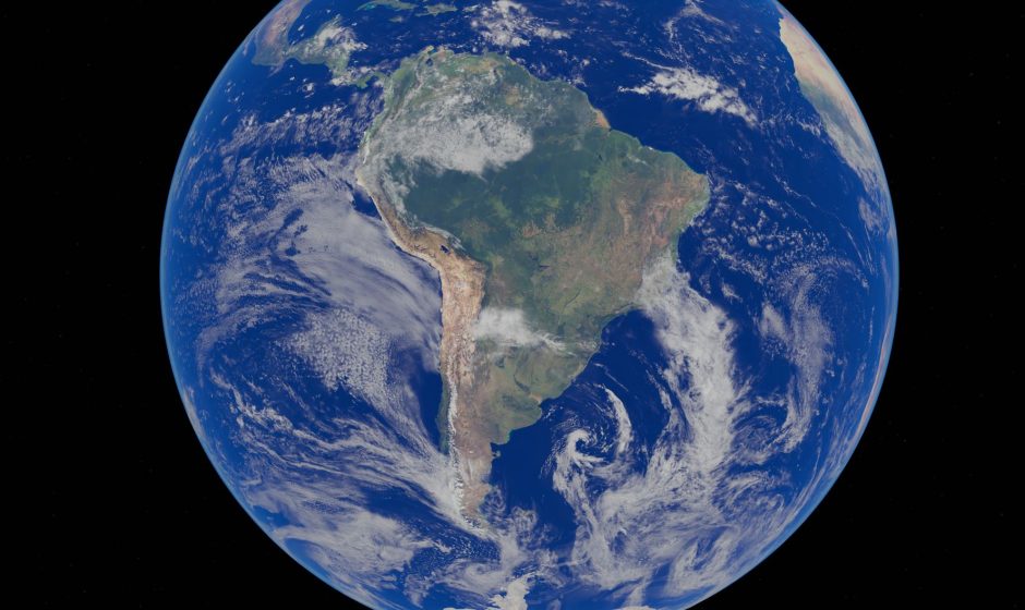Imagem de satélite da Terra com a América do Sul em destaque e o oceano ao redor