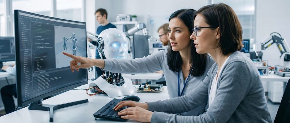 Pesquisadoras trabalham em um ambiente de laboratório com tecnologias digitais, ao lado de um robô e de telas de dados.