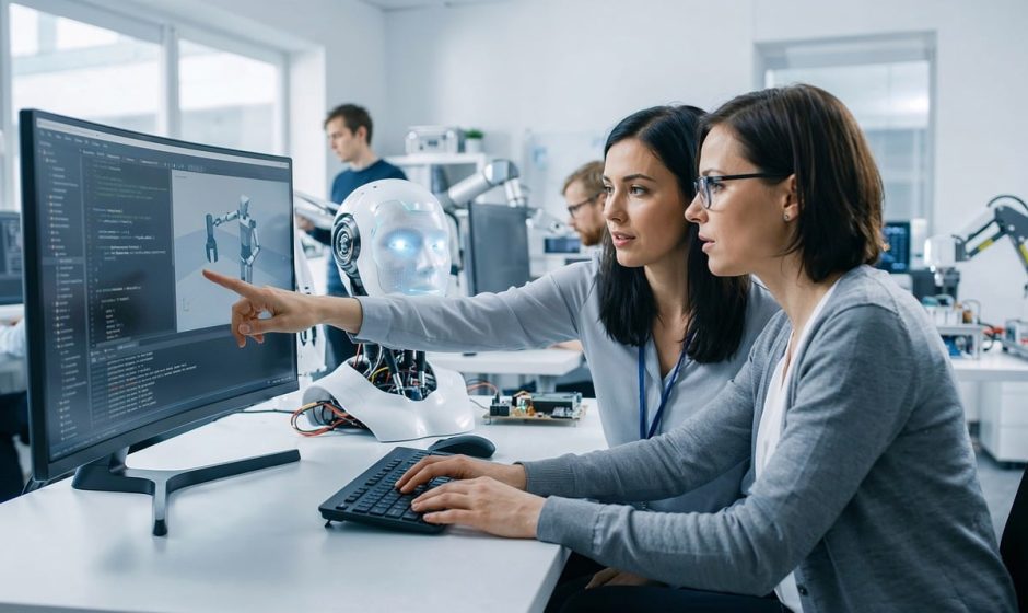 Pesquisadoras trabalham em um ambiente de laboratório com tecnologias digitais, ao lado de um robô e de telas de dados.